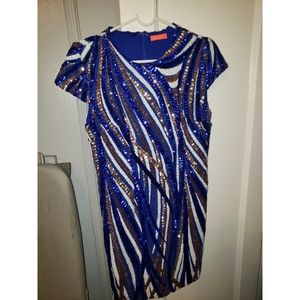 Blue white gold bodycon sequins midi dress size L